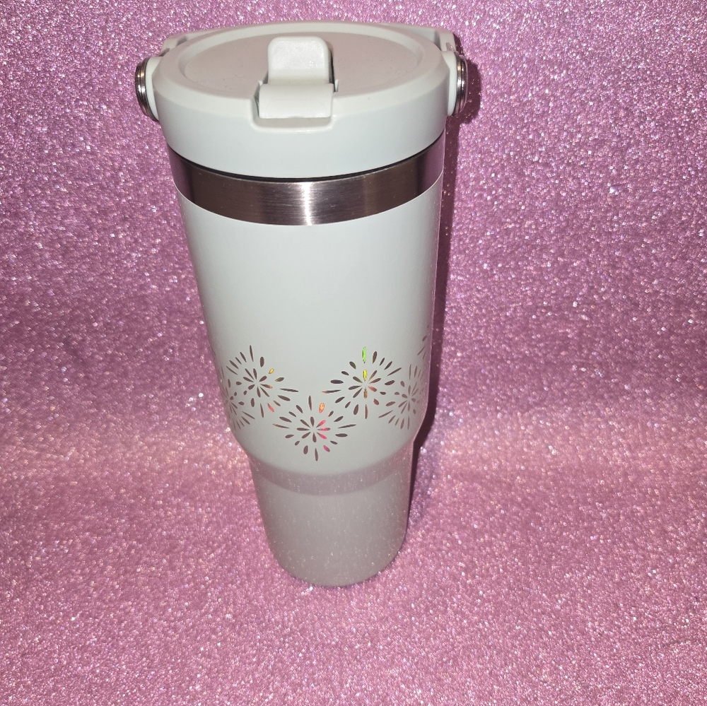 Stanley Travel Tumbler with Silver Band and Floral Pattern in Pale Green - Picture 3 of 9